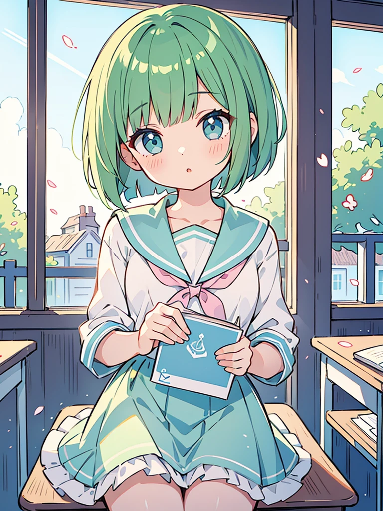 masterpiece, beautiful illustrations, highest quality, pretty girl, 1girl, classroom, pastel colour, sailor collar, cute lingerie, (Spring Green bob cut), bright lighting, sky-blue eyes