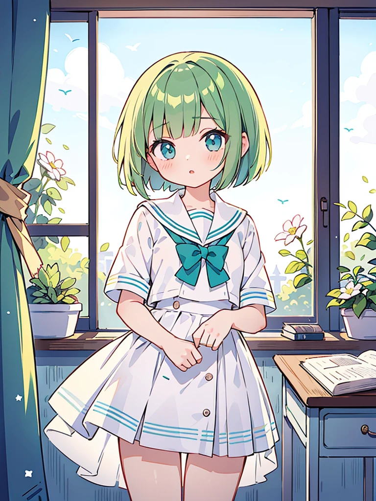 masterpiece, beautiful illustrations, highest quality, pretty girl, 1girl, classroom, pastel colour, sailor collar, cute lingerie, (Spring Green bob cut), bright lighting, sky-blue eyes