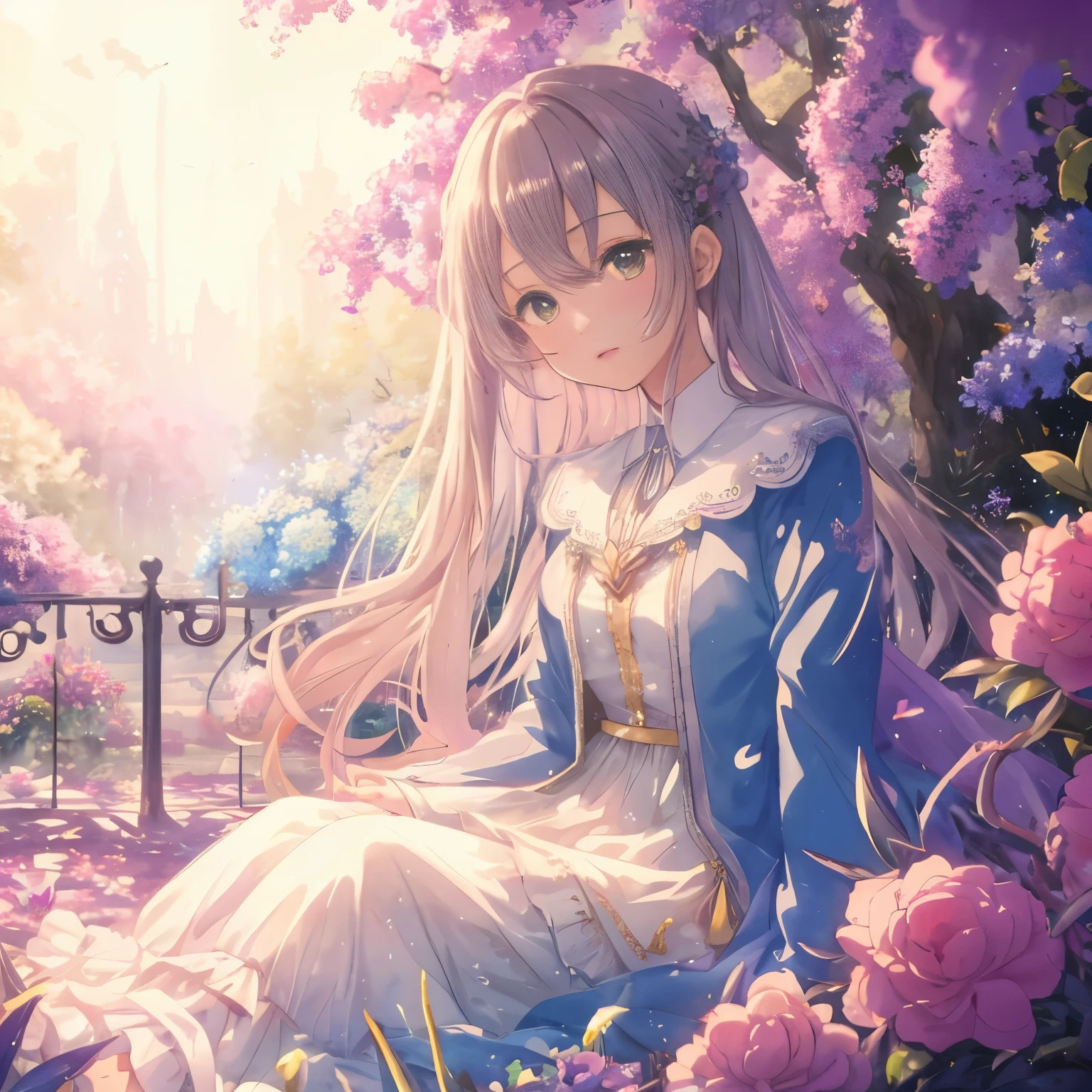 (high quality, 8K), (soft light), Rainbow-colored, one girl, detailed face, fine eyes, watercolor paiting,  so magical and dreamy, dreamy and detailed, dreamy atmosphereとドラマ, gorgeous atmosphere, Fantastic and beautiful lighting, dreamy atmosphere, beautiful atmosphere, dreamy romantic, Fantastic and dreamy theme, magical atmosphere, beautiful atmosphere, anime background art, magical atmosphere + table top, dreamy aesthetics, Beautiful details with atmosphere, lots of flowers, bubble, water, flower garden, sitting on the ground, shining eyes