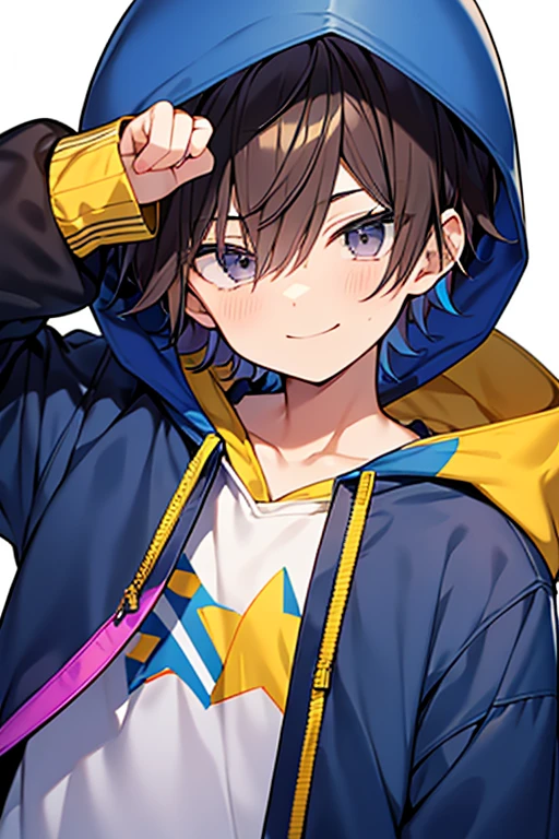 anime,manga,(1boy), solo, hood, black eyes, very short hair, long sleeves, bangs, hood up, yellow hoodie, arm up, upper body, multicolored hair, looking at viewer, purple hair, hair between eyes, puffy long sleeves, hoodie, brown hair, drawstring, closed mouth, virtual youtuber, sleeves past wrists, smile, blue jacket, jacket, two-tone hair,((boy))