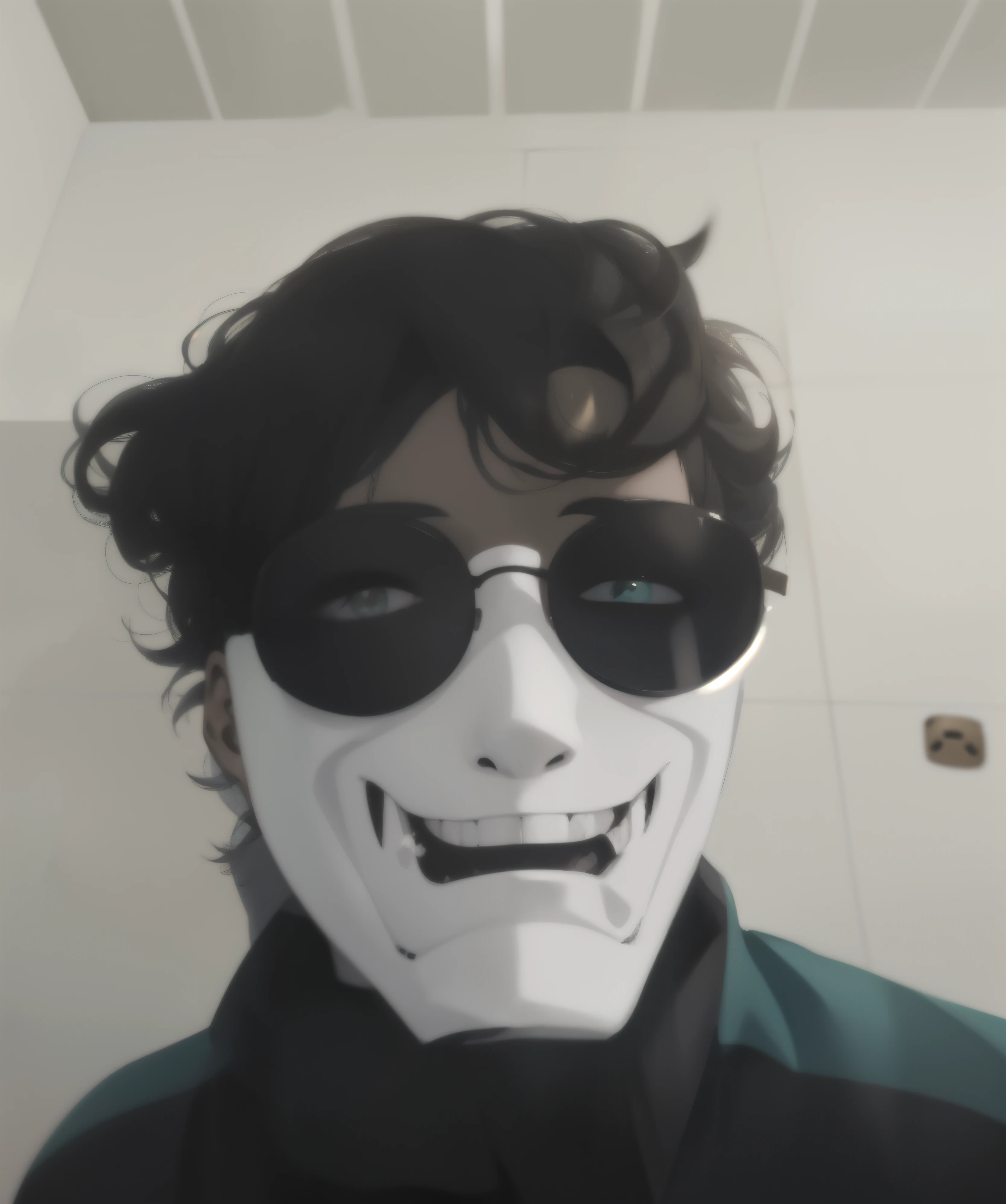 sharp man wearing a white mask and sunglasses with a green shirt, cara legal, smiling mask, evil villain smile, wearing a bandit mask, robot ghost mask, domino mask, sorrindo sinistramente, marcador, rosto ossudo, sorriso assustador, sorriso assustador e maligno, wearing an all-black mempo mask, Sorriso assustador, cara assustadora, sorriso maligno