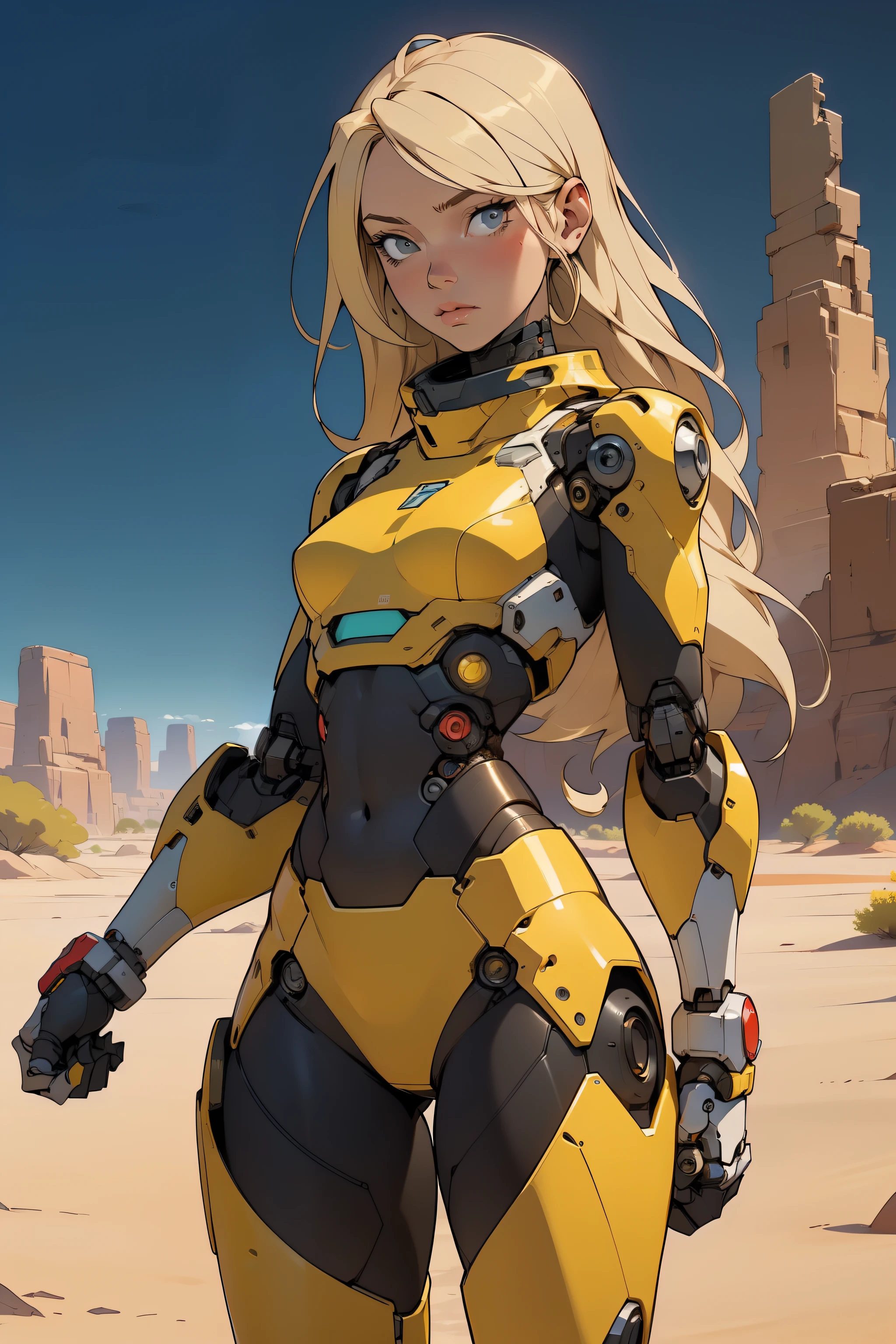 high quality, 4k, masterpiece, beautiful, cyborg girl, cowboy shot, dull eyes, front, looking at viewer, long blonde hair, girl, small breasts, fit thighs, robotic arms, robotic body, cyborg body, yellow uniform, red accent, intricate detail, joint, detailed lines, robotic detail, holding fist up, holding hand up as fist, color robotic parts, robotic parts with color, perfect fingers, on a desert planet, sunny background, colorful desert, a river or a lake in the background