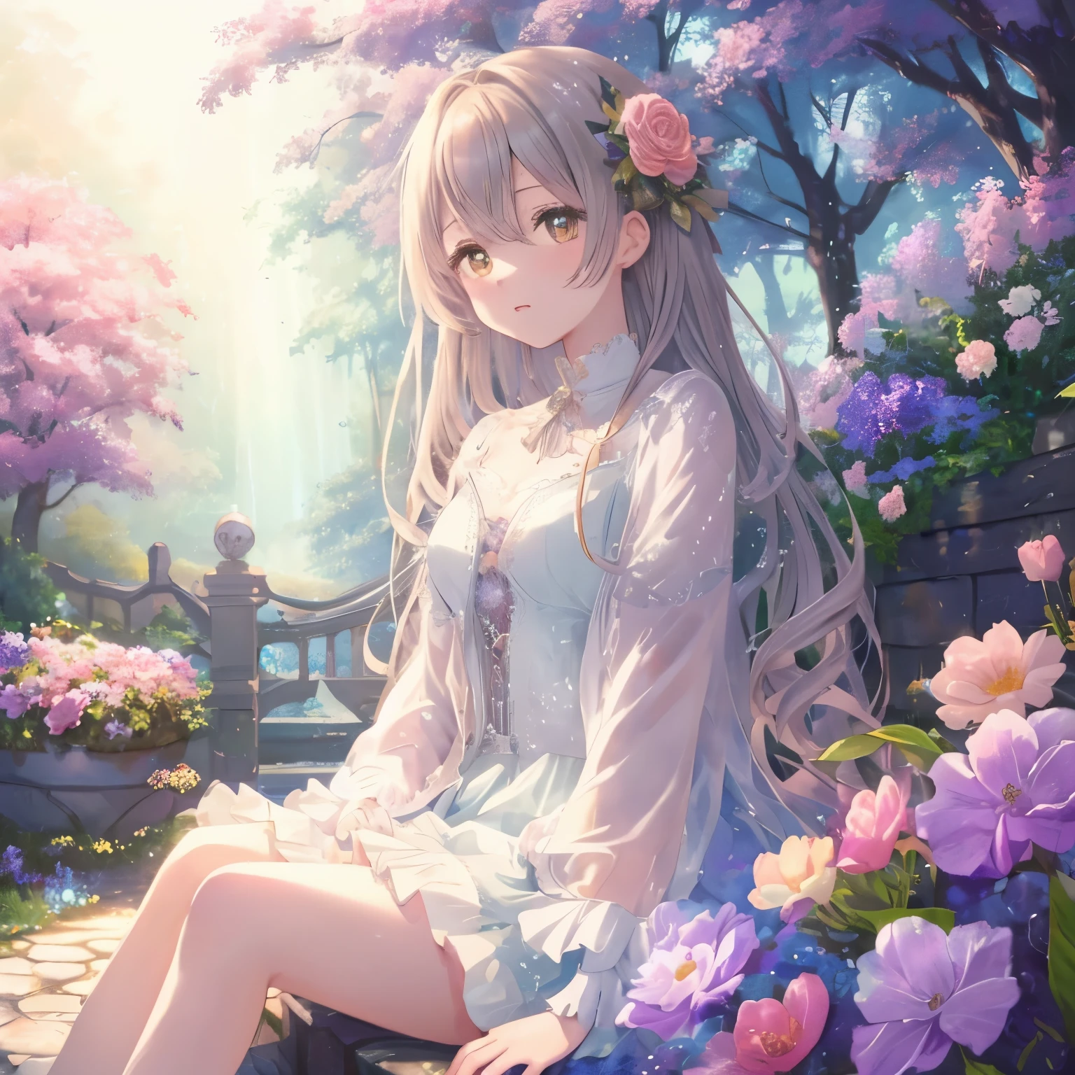 (high quality, 8K), (soft light), Rainbow-colored, one girl, detailed face, fine eyes, watercolor paiting,  so magical and dreamy, dreamy and detailed, dreamy atmosphereとドラマ, gorgeous atmosphere, Fantastic and beautiful lighting, dreamy atmosphere, beautiful atmosphere, dreamy romantic, Fantastic and dreamy theme, magical atmosphere, beautiful atmosphere, anime background art, magical atmosphere + table top, dreamy aesthetics, Beautiful details with atmosphere, lots of flowers, bubble, water, flower garden, sitting on the ground, shining eyes