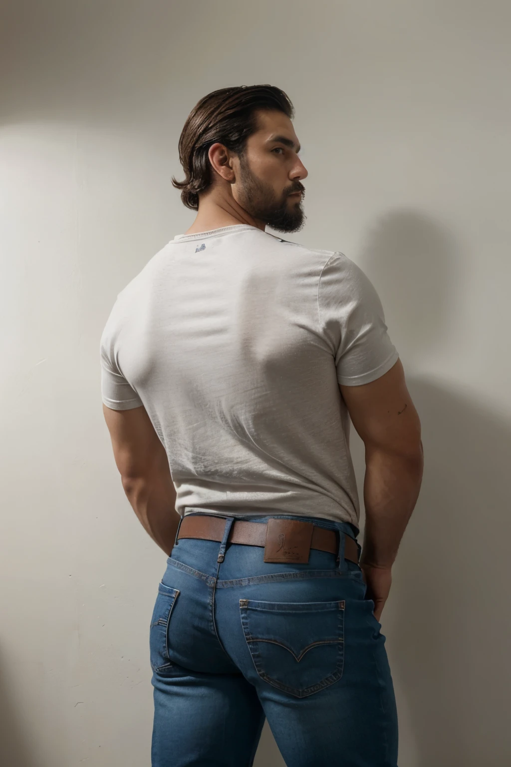 retrato de Richard, un hombre guapo mayor , pelo de sal y pimienta , barba mediana , wearing jeans with a big black belt , vistiendo una camisa a cuadros roja. Nalgas grandes de hombre. Backside nalgon, mismo modelo jeans grises