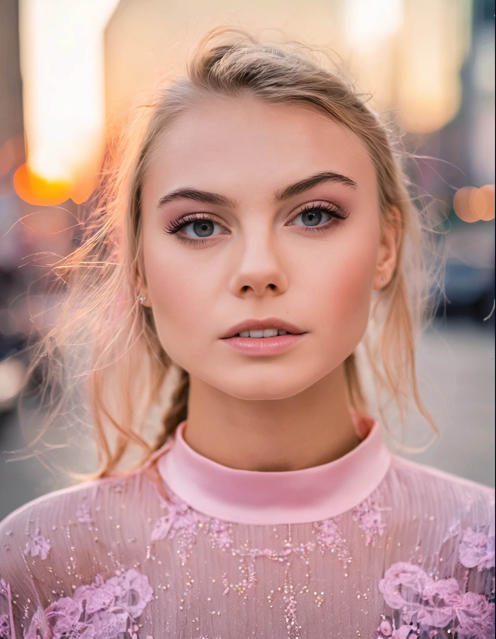 professional medium format 50 mm. (Close-up headshot portrait) photo of adorably gorgeous ((NancyAce woman)) in the city at dawn, Shot on Canon EOS R, Extreme bokeh, in a modest pink Dior blouse,