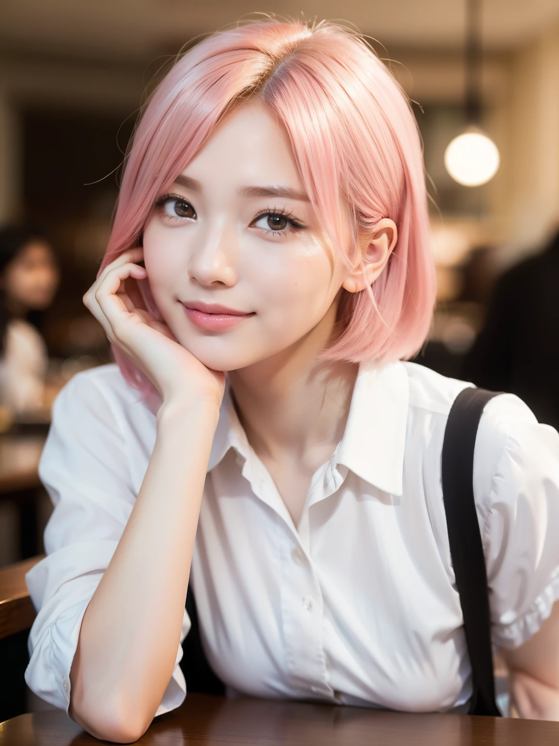 (8k raw photo, best quality), ((muste piece)), ultra high resolution,, film,( 20-year-old, slender face, 1 girl,  eye highlights, light pink hair), natural skin texture, perfectly proportioned face,((white shirt、stylish cafe、coffee, date、model pose)),  (Small breasts), permed hair, Fluffy short hair, messy hair,（shy smile、embarrassed look）, close your mouth,  solo, (detailed background),  blurred background, Portrait, Depth of the bounds written