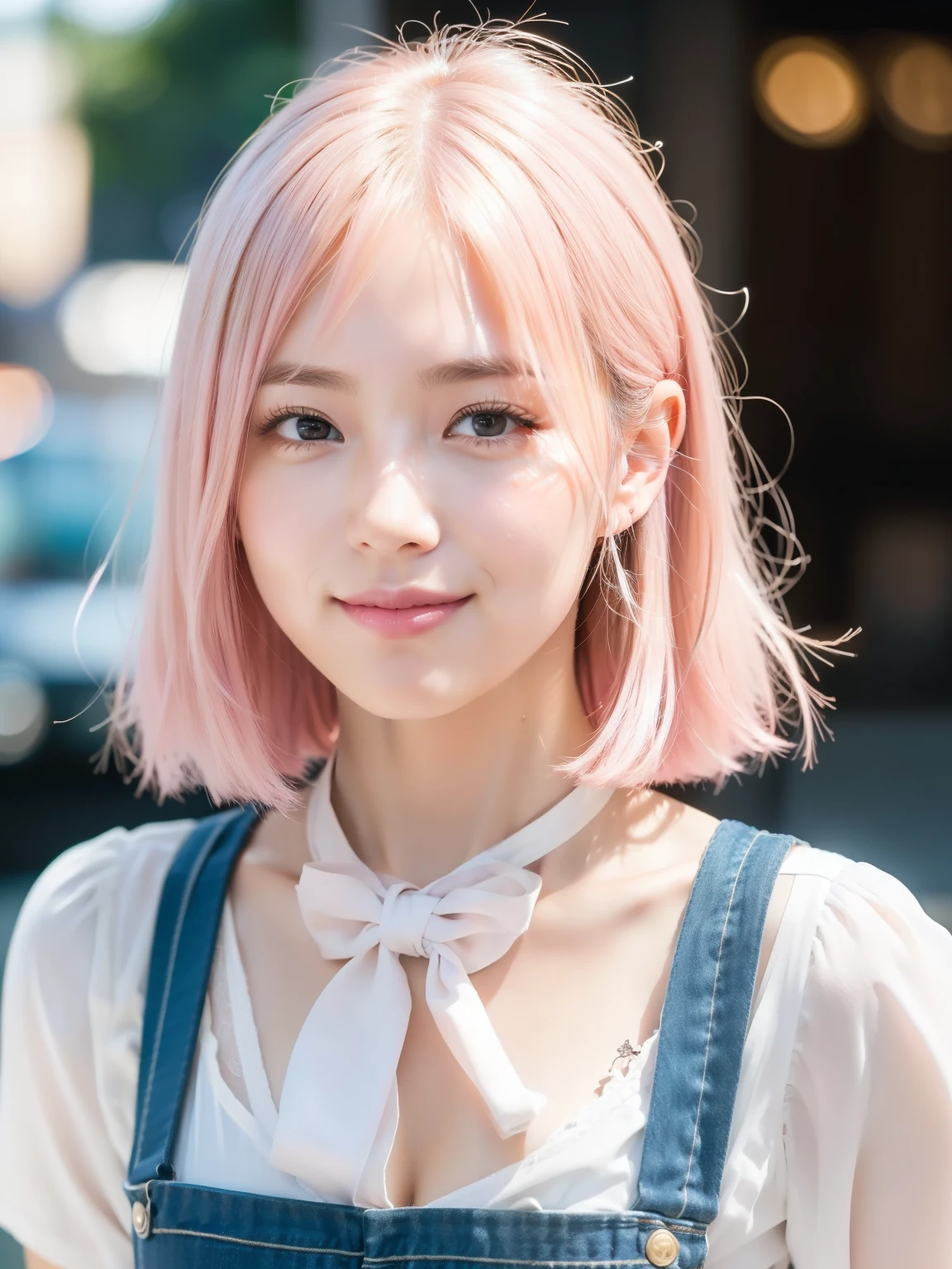 highest quality、超High resolution、(Realistic:1.5)、1 girl)、(Slightly larger :1.2)、Looking at the audience、close、Ezvian everywhere、smile、university student、Spiteful eyes、Five Fingers、Location is central、High resolution, highest quality, Perfect dynamic composition, Beautiful and beautiful eyes, Off the shoulder、Shiny Hair、Medium Hair, Natural color lip, university student、Harajuku、わずかなsmile、city、Pink Hair、Standing、The whole body is visible、Being a little far away、I can see your toes