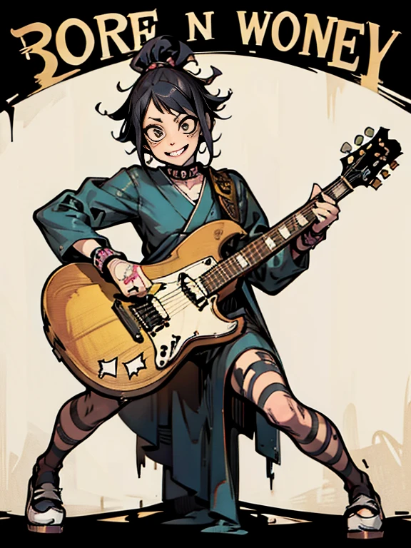 ((Hardcore Punk Girl))、((British punk rock girl)), ((circus)), ((playing the guitar)),cartoon style, Horror elements, Comic book style illustrations, (drawing style), Japanese painting, full body (Spooky), Japanese carving, primitive art, circus, crazy illustration, flat illustration, Blissful smile, Spookyな外観, Distinctive messy hairstyle, punk band poster
