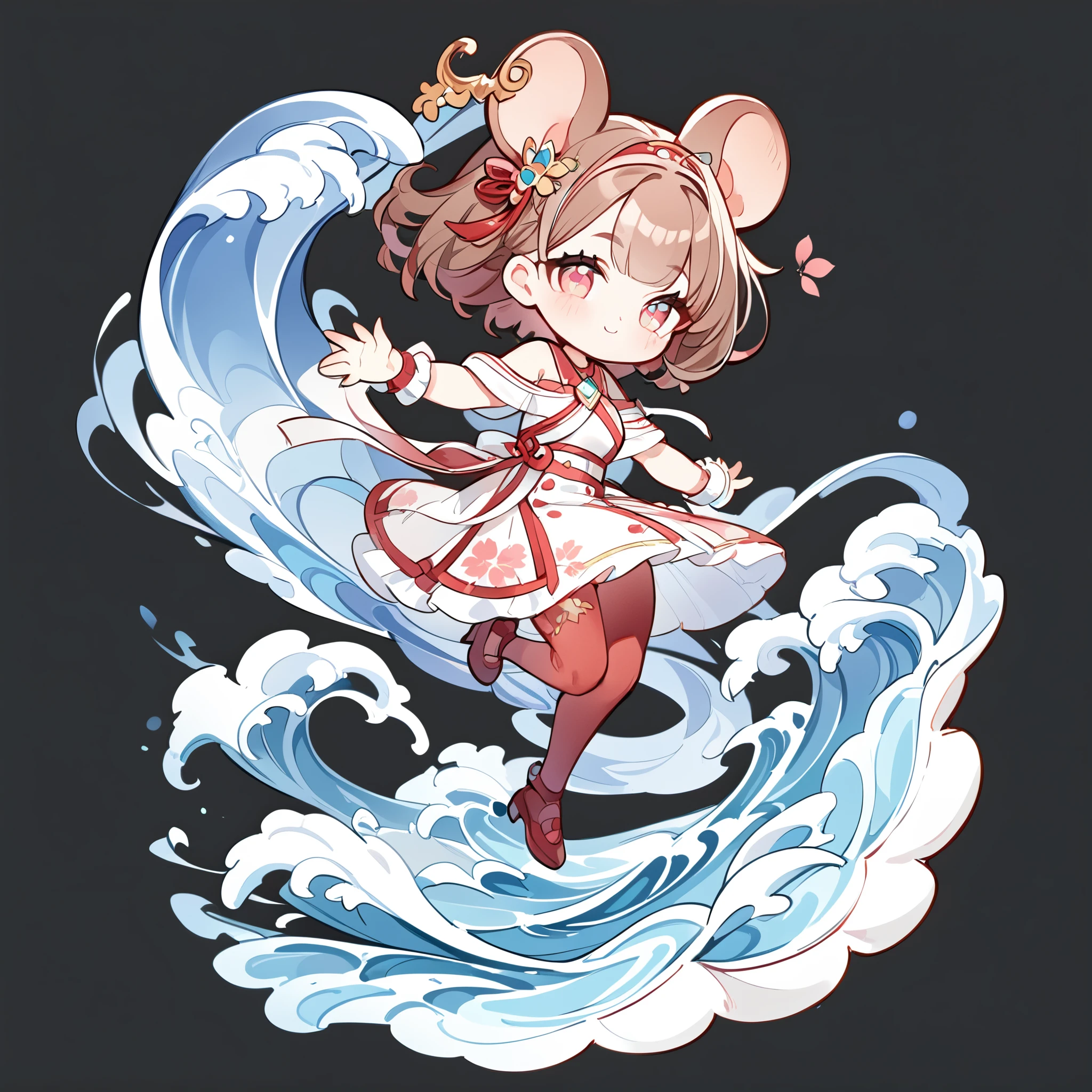 front，super high quality，Depth of detail，Q version three-headed body、Mouse ears、Jump，wave，transparent watercolor、girl、jewel eye、Beautiful arrangement and theme、Writing limit depth、Flat avatar, 1girl, （short brown hair）， hair tip white,Fashionable design clothing(red and white)),background white、 可爱的girl, modest dress, Sakura pantyhose