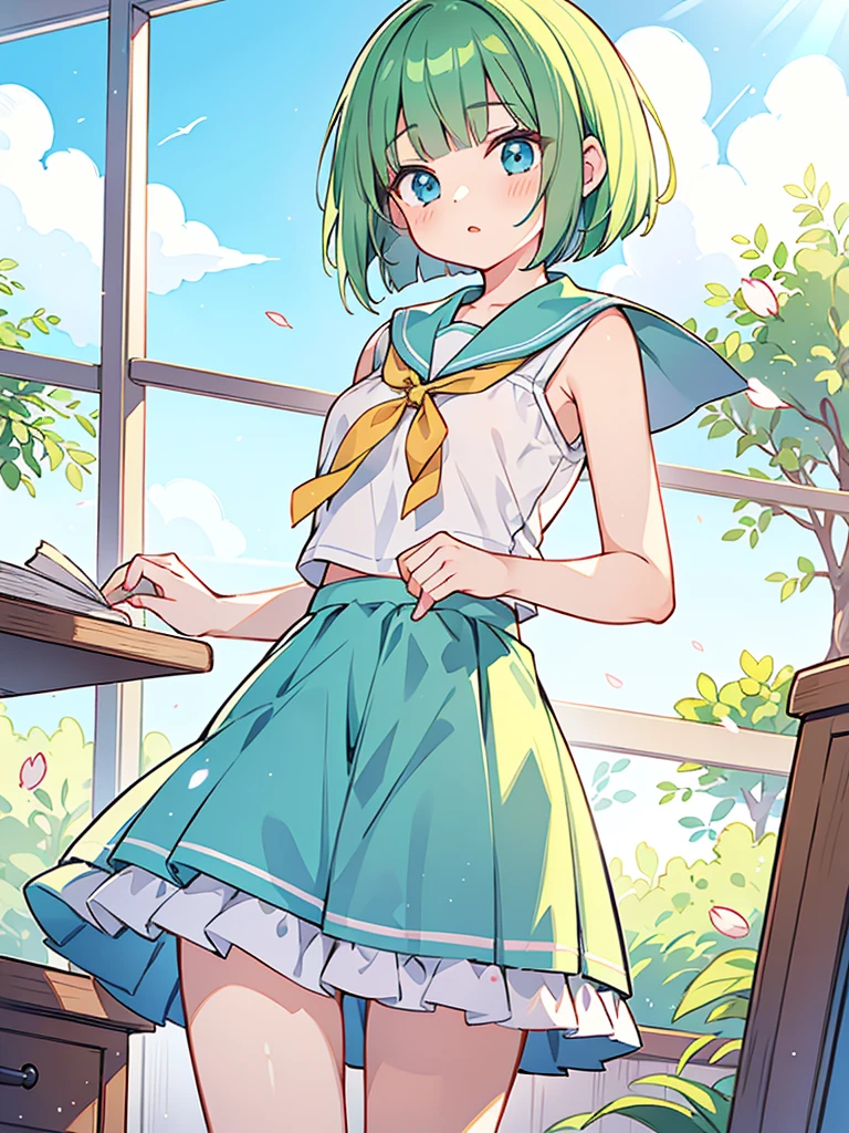 masterpiece, beautiful illustrations, highest quality, pretty girl, 1girl, classroom, pastel colour, sailor collar, (cute lingerie), (Spring Green bob cut), bright lighting, sky-blue eyes