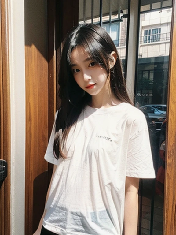 Olivia Rodrigo, , long hair: 1.6, t-shirt, hands to show her breasts, nipples: 1.3, pleated skirt, pantyhose, small breasts, light skin, photorealistic