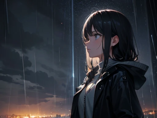 A girl with Raining, Thunderstorm, Dark realistic Sky