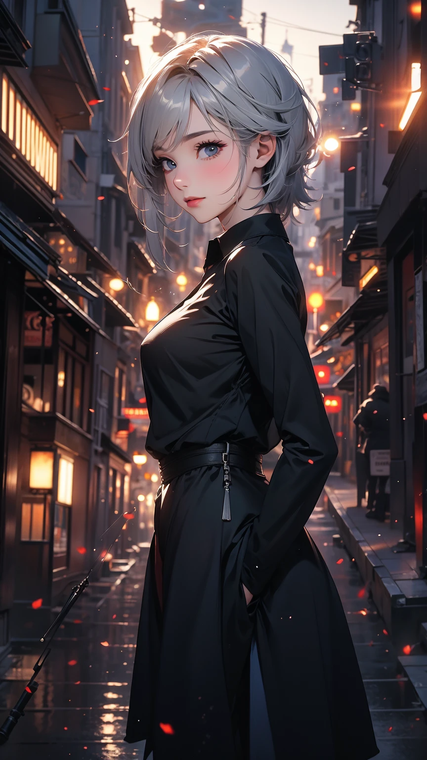 (Highly detailed CG unit 8k wallpaper, masterpiece, High resolution, highest quality, natural skin texture), Composition from head to stomach:1.5, (20 year old woman, Hands in pockets pose:1.3, smile, detailed eyes, gradient eyes), (Stalgic Fashion, detailed costume, sleeveless shirt, low rise, Asymmetrical short hair:1.2, ash gray hair), (Backstreets of Paris:1.3, Colourful flower beds along the road, cinematic lighting), high contrast, hyper realistic, digital painting, concept art,