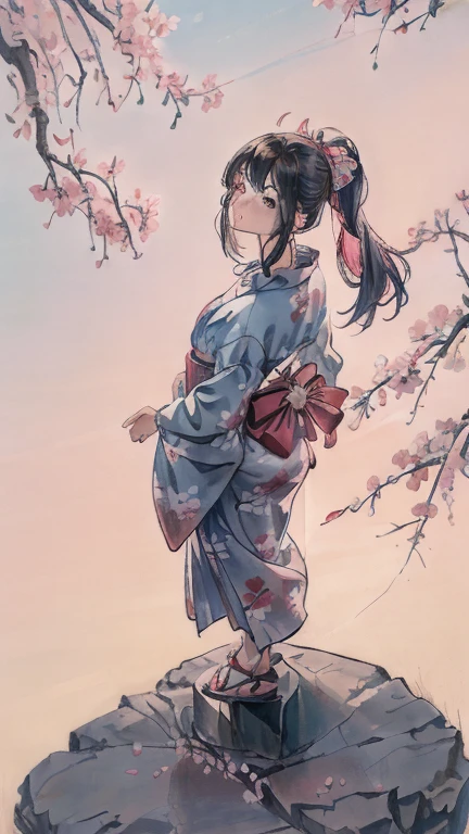 Anime girl standing on rocks on circular light background, anime style 4k, anime art wallpaper 8k, anime girl with space hair, anime art wallpaper 4k, anime art wallpaper 4k, anime wallpaper 4k, anime wallpaper 4k, fantastic anime, 4k anime wallpaper, anime moe art style, epic anime artwork, anime lighting、NSFW, (8K, RAW photo, highest quality, masterpiece:1.2), (realistic, Photoreal:1.37), super detailed, 1 girl, solo, cute, beautiful detailed sky,near sky,The back view of a giant cherry tree,kimono,Background center,bright blue sky,Bright pink cherry blossoms,Smaller person