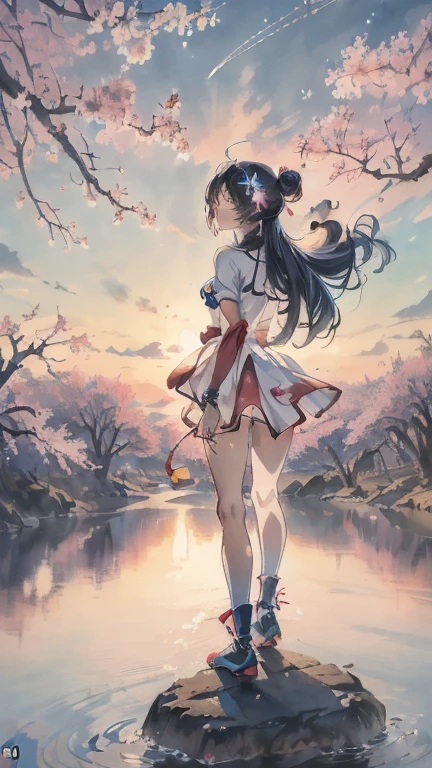 Anime girl standing on rocks on circular light background, anime style 4k, anime art wallpaper 8k, anime girl with space hair, anime art wallpaper 4k, anime art wallpaper 4k, anime wallpaper 4k, anime wallpaper 4k, fantastic anime, 4k anime wallpaper, anime moe art style, epic anime artwork, anime lighting、NSFW, (8K, RAW photo, highest quality, masterpiece:1.2), (realistic, Photoreal:1.37), super detailed, 1 girl, solo, cute, beautiful detailed sky,near sky,back view,Mainly cherry blossoms