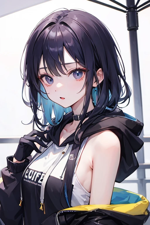 bare shoulders、hoodie。gloves、cute、