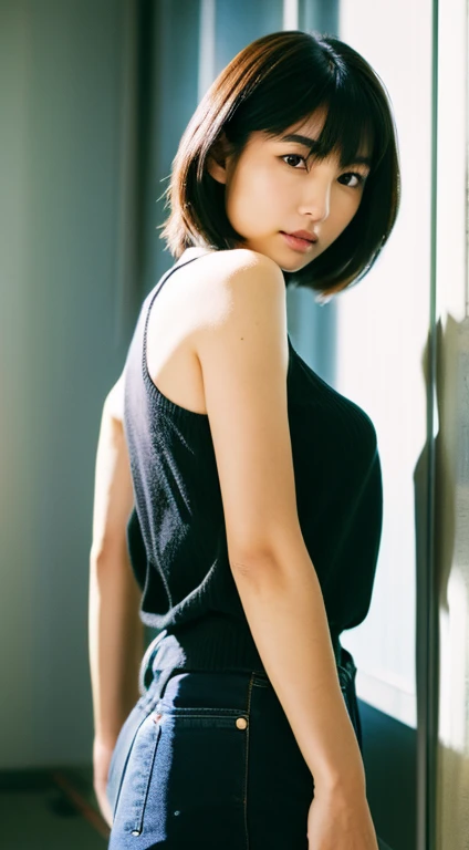 lens: 135mm f1.8,(Highest quality), (Beautiful 14 year old Japanese girl),  (Moisturized lips), Narrow eyes, double eyelid,Delicate clavicle,Flat Chest,Very short hair,
 (Let me me me me&#39;Let me me me&#39;Let me me&#39;Let me&#39;Let&#39;s take another look),  shame, A faint smile,
(In front of a white wall:1.2), Professional Lighting, 
(Japanese 、blackＶNeck Sleeveless T-shirt), (Sunburned skin:0.2),Full body photo、Full Body Focus