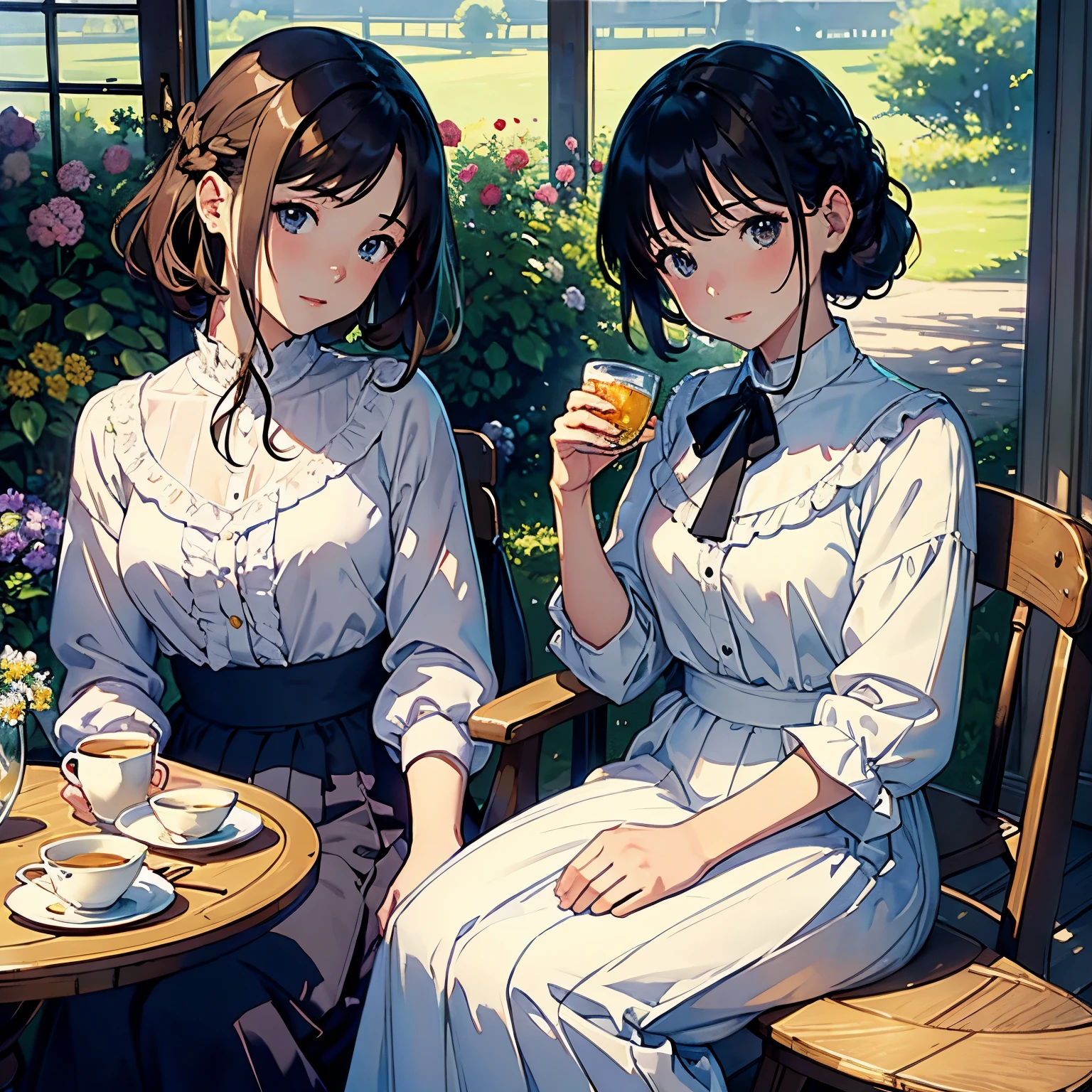(highest quality、masterpiece、High resolution)、(Sargent style watercolor)、(anime art)、soft light、Views of the Cotswolds、old farmhouse、flowers bloom、((two women、One is sitting、The other one is standing))、medium short hair、dark brown hair、braided hair、White blouse and long skirt、picnic、table、Tea set、drink tea、cinematic light、soft sunlight、blur the background、