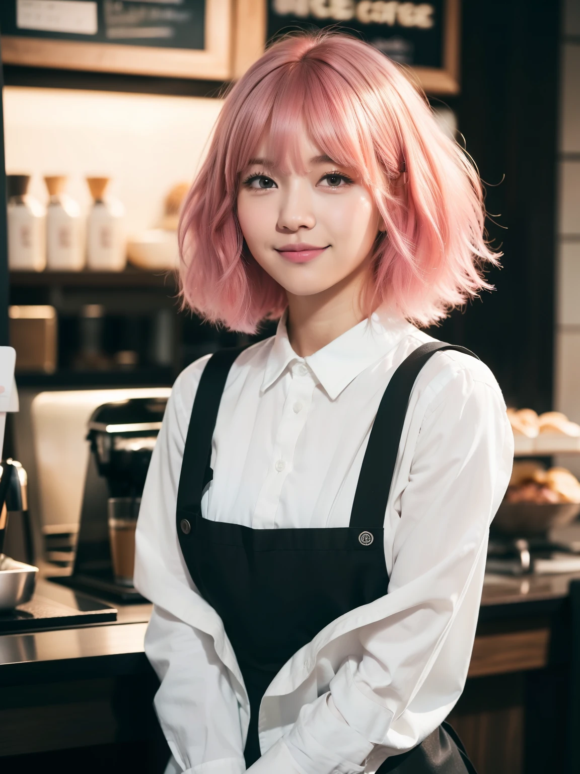 (8k raw photo, best quality), ((muste piece)), ultra high resolution,, film,( 20-year-old, slender face, 1 girl,  eye highlights, A little pink hair inside the black hair), natural skin texture, perfectly proportioned face,((white shirt、black apron, stylish cafe、cafe clerk、coffee, date、model pose)),  (Small breasts), permed hair, Fluffy short hair, messy hair,（shy smile、embarrassed look）, close your mouth,  solo, (detailed background),  blurred background, Portrait, Depth of the bounds written