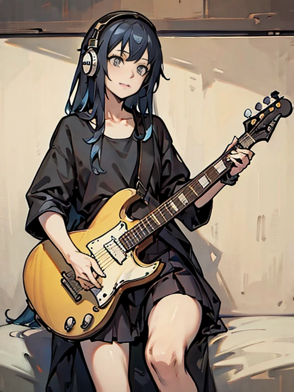 ((masterpiece,highest quality))1 girl, alone, black skirt, blue eyes, electric guitar, guitar, headphones, holding, holding plectrum, musical instrument, long hair, , music, one side up, blue hair, guitarを弾く, pleated skirt, black shirt, Indoors, looking down、looking down、
