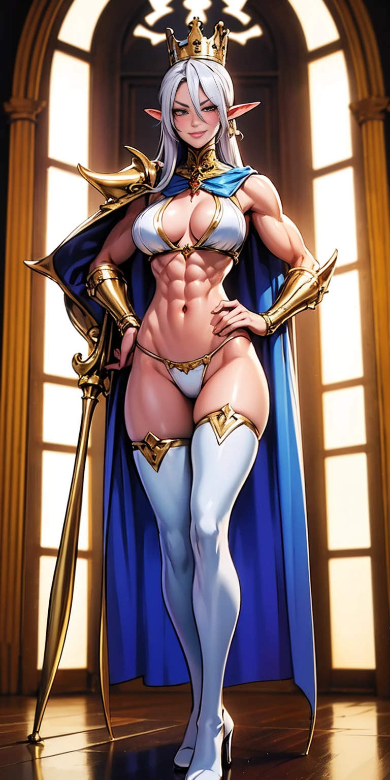 extremely long hair, ponytail, perfect anatomy 1 girl tall solo, slim thick, ((muscular)) high elf toned body, silver breast plate, blue cape, slendered abs, hourglass waist, detailed face, defined cheekbones, puffy lips, gauntlets, gold crown, shadow over eyes, looking at viewer, masterpiece, white thigh highs lingerie, lustful smirking smile face red blushed red cheeks, 2 high heels feet together, standing straight symmetrical against glass window