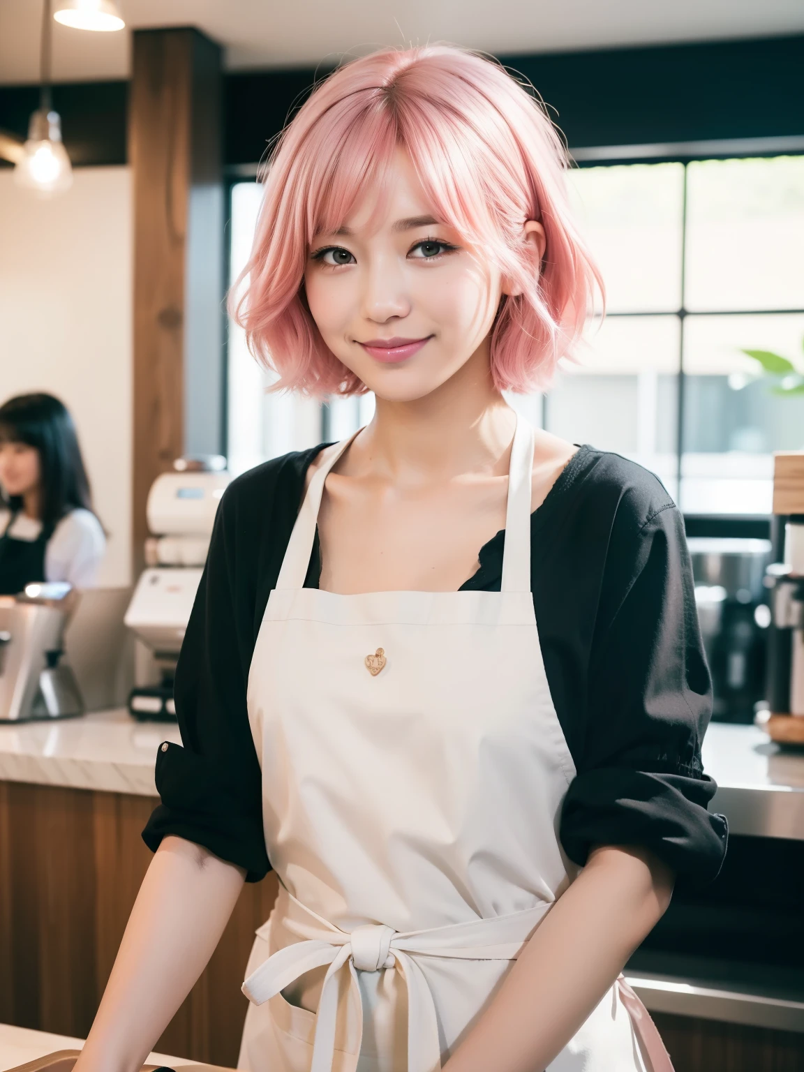 (8k raw photo, best quality), ((muste piece)), ultra high resolution,, film,( 20-year-old, slender face, 1 girl,  eye highlights, A little pink hair inside the black hair), natural skin texture, perfectly proportioned face,((white shirt、black apron, stylish cafe、cafe clerk、coffee, date、model pose)),  (Small breasts), permed hair, Fluffy short hair, messy hair,（shy smile、embarrassed look）, close your mouth,  solo, (detailed background),  blurred background, Portrait, Depth of the bounds written