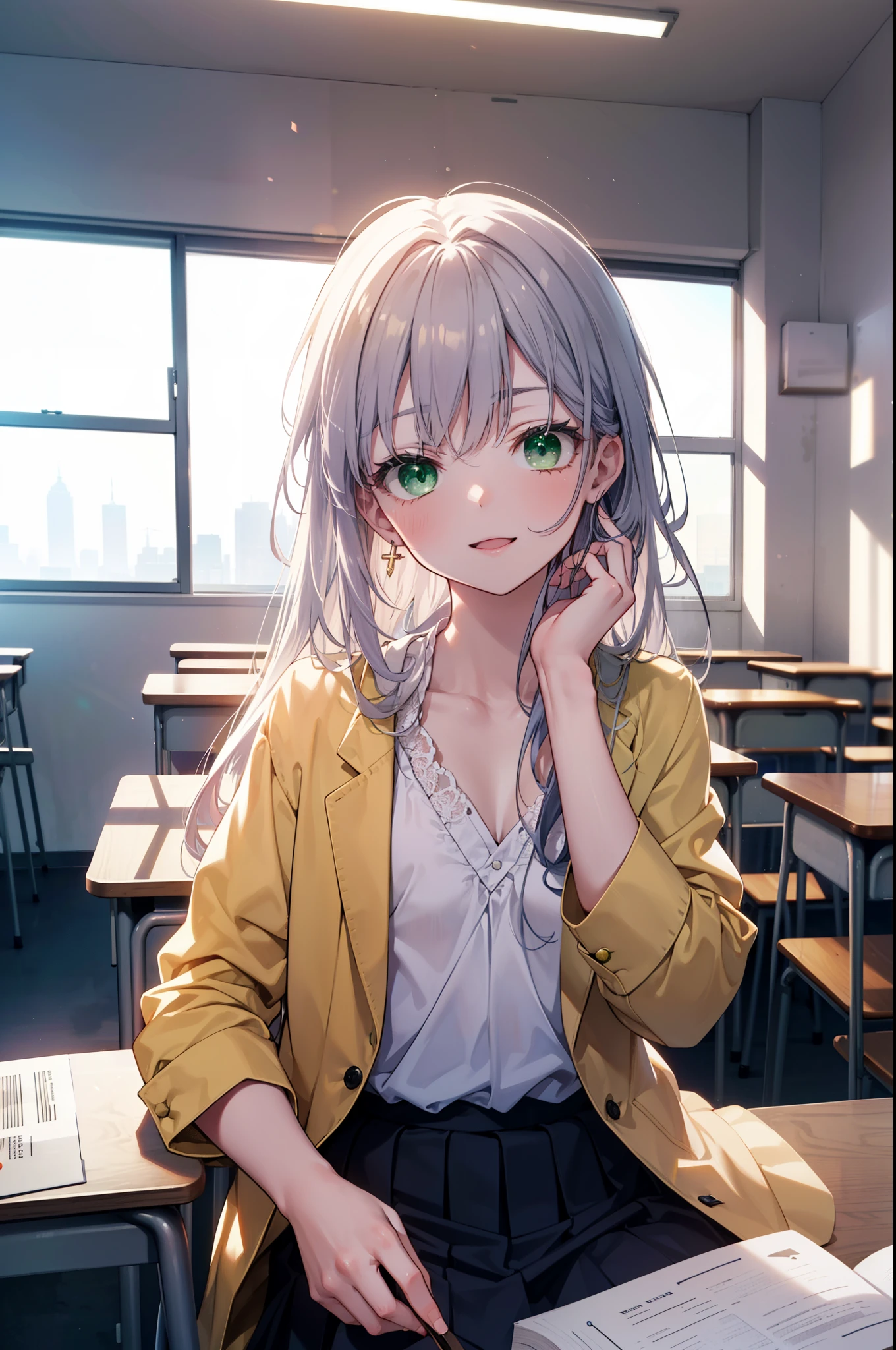 index, index, (green eyes:1.5), silver hair, long hair, (flat chest:1.2),happy smile, smile, open your mouth,White Y-shirt,yellow blazer,black pleated skirt,black pantyhose,brown loafers,sitting cross-legged on a chair,There is a textbook on the desk,daytime,
break looking at viewer, Upper body, whole body,
break indoors, School　classroom,
break (masterpiece:1.2), highest quality, High resolution, unity 8k wallpaper, (figure:0.8), (detailed and beautiful eyes:1.6), highly detailed face, perfect lighting, Very detailed CG, (perfect hands, perfect anatomy),