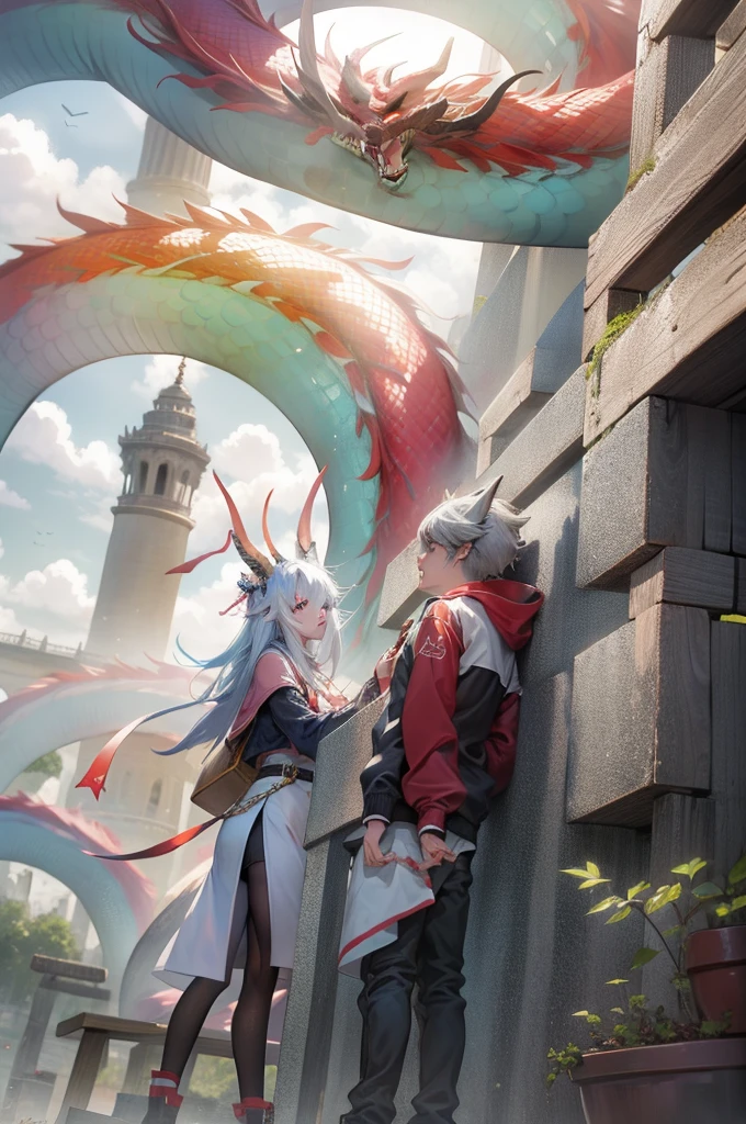 chinesedragon, dragon, Mail, Keep, outdoor, bird, eternal, cloud, 1 boy, arms, from behind, Sky, cloudy Sky, animal, Keep arms, eastern dragon, monster, 1other, have, FOG