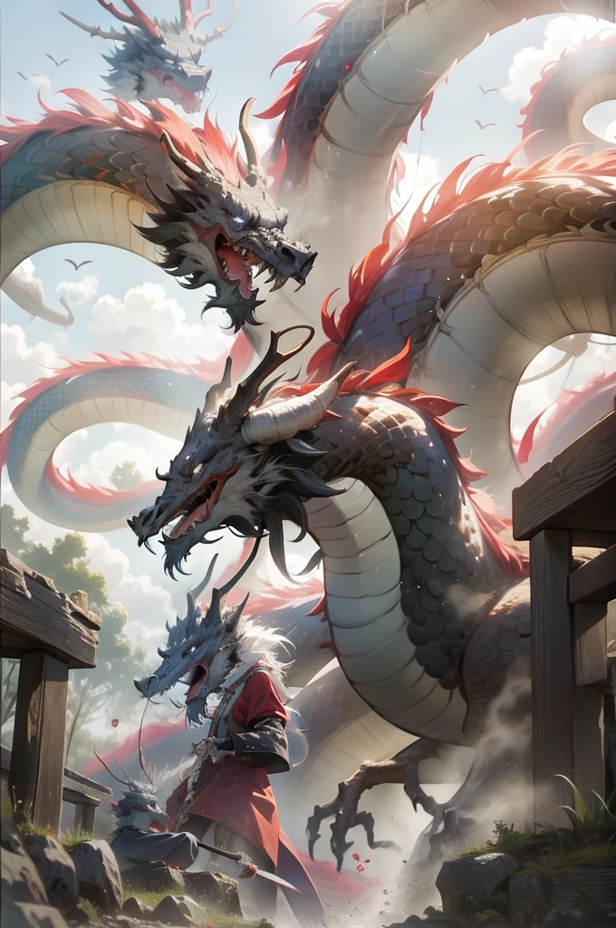 chinesedragon, dragon, Mail, Keep, outdoor, bird, eternal, cloud, 1 boy, arms, from behind, Sky, cloudy Sky, animal, Keep arms, eastern dragon, monster, 1other, have, FOG