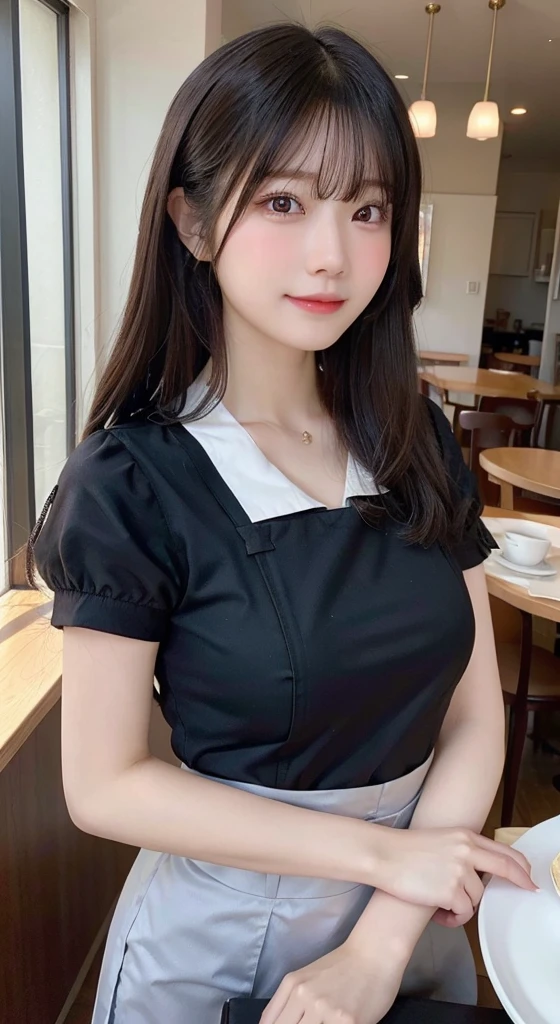 (top-quality,masterpiece:1.3,超A high resolution,),(ultra-detailliert,Caustics),(Photorealsitic:1.4,RAW shooting,)Ultra-realistic capture,A highly detailed,High resolution 16K human skin closeup。 Skin texture is natural、,The pores are、Must be detailed enough to be easy to identify。 Skin should look healthy with even tones。 Use natural light and color,resturant,(Waitress uniform:1,3),1 girl,japanes,18year old,kawaii,A dark-haired,Middle hair,(large boob:1.2),smil,Turn your body to the front,(front-facing view:1.2),Looking at the camera,Bust-up shot:1.1,boob focused:1.1,Chest close-up:1.1