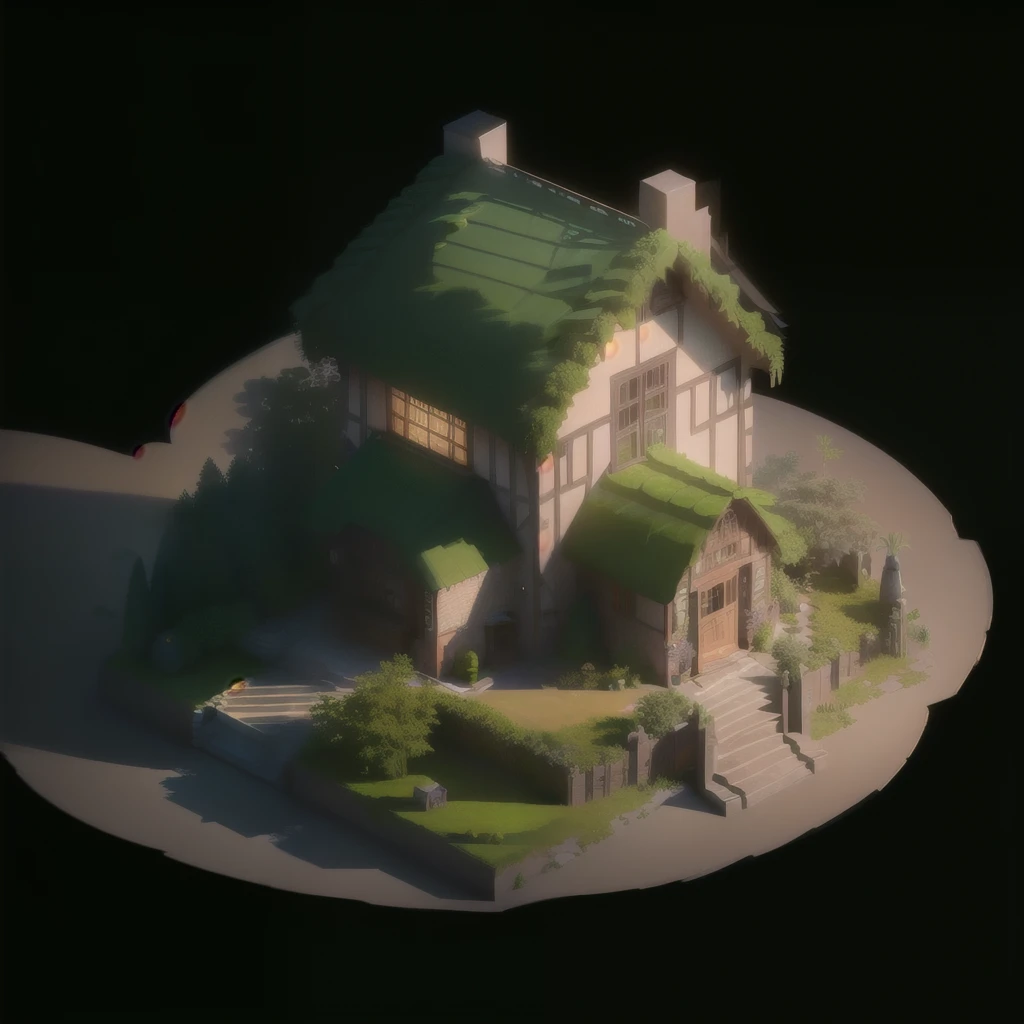 Isometric house，Isometric 3D，masterpiece,，Extremely detailed CG unified 8k wallpaper，best quality，Best Illustration，best shadow，Small house full of plants，octane rendering，Ray tracing，Super detailed，Rooftop covered with plants，More plants，The screen displays the complete，Empire Style，Stone walls，No wood，The picture is complete。