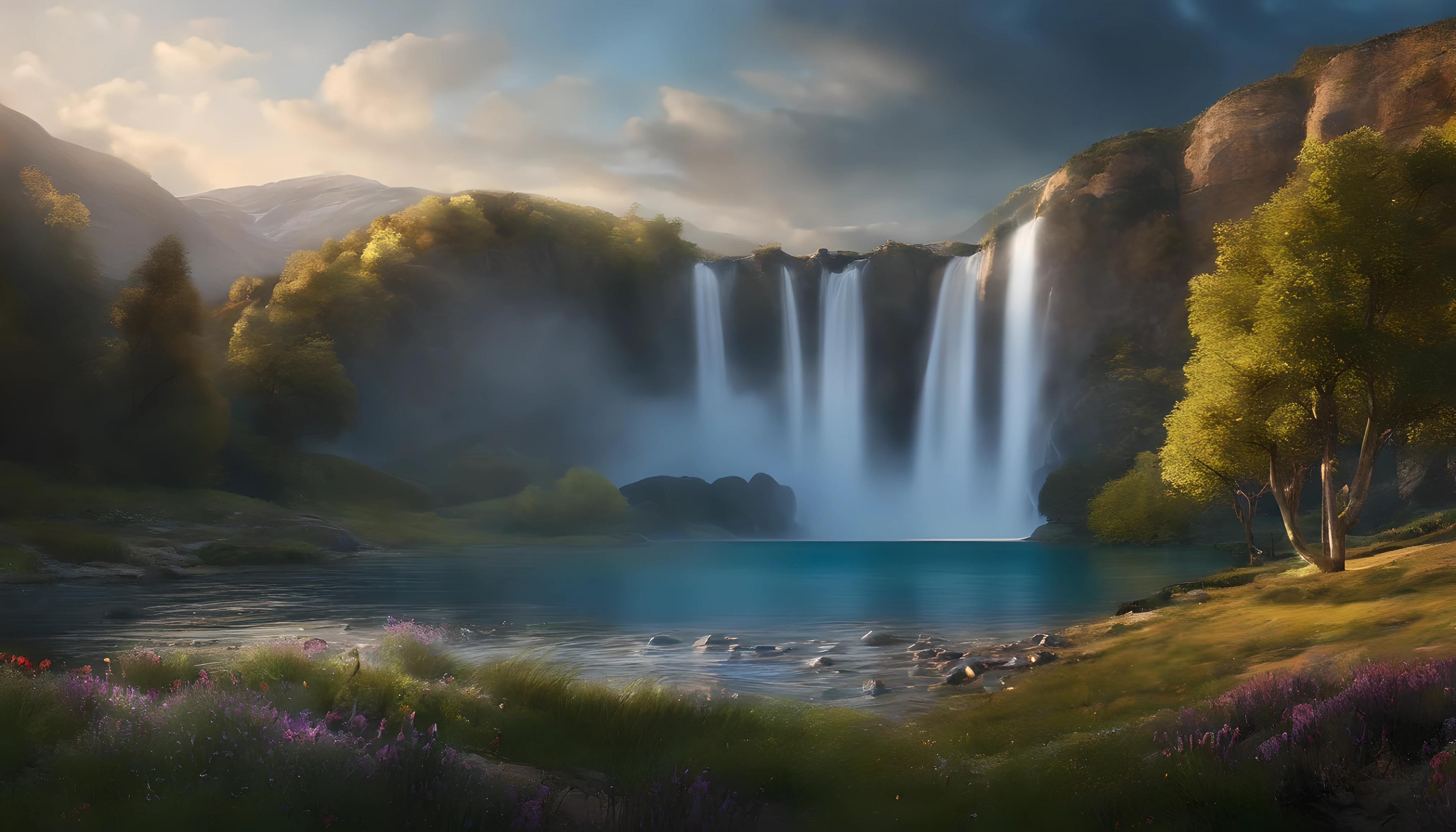 masterpiece, best quality, high quality, Extremely detailed CG unified 8k wallpaper, landscape, outdoor, Sky, cloud, Sky, no humans, Mountain, landscape, water, Tree, blue Sky, waterfall, cliff, nature, lake, river , cloudy skies, Award-winning photography, Bokeh, depth of field, high dynamic range, bloom, Color difference, photorealism, Very detailed, Popular topics on ArtStation, Trending on CGSociety, complex, high detail, dramatic, midway art