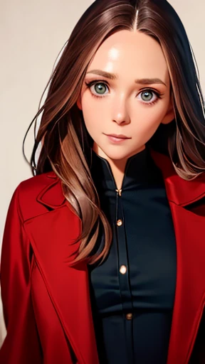 highest quality、realistic、Japanese、girl、zoom、look up、cute、gray eyes、long hair、brown hair、all back、Forehead is coming out、red long coat、black bustier、face close up