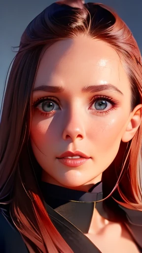 highest quality、realistic、Japanese、girl、zoom、look up、cute、gray eyes、long hair、brown hair、all back、Forehead is coming out、red long coat、black bustier、face close up