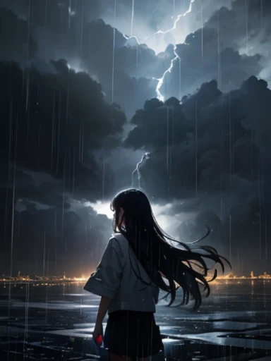 A girl, It's raining, Thunderstorm, Dark realistic Sky
