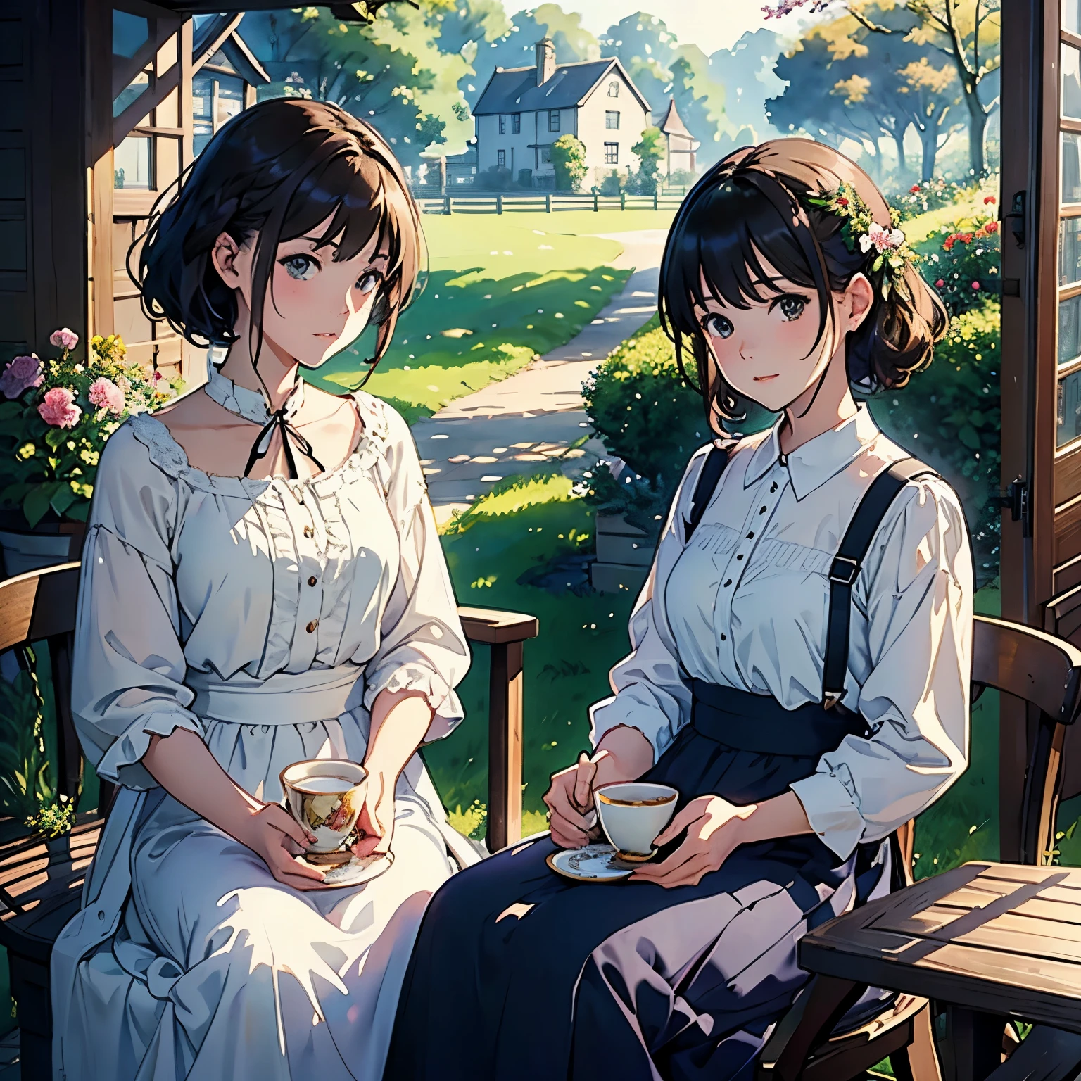 (highest quality、masterpiece、High resolution)、(Sargent style watercolor)、(anime art)、soft light、Views of the Cotswolds、old farmhouse、flowers bloom、((two women、One is sitting、Partner is standing))、medium short hair、dark brown hair、braided hair、White blouse and long skirt、picnic、table、Tea set、drink tea、cinematic light、soft sunlight、blur the background、