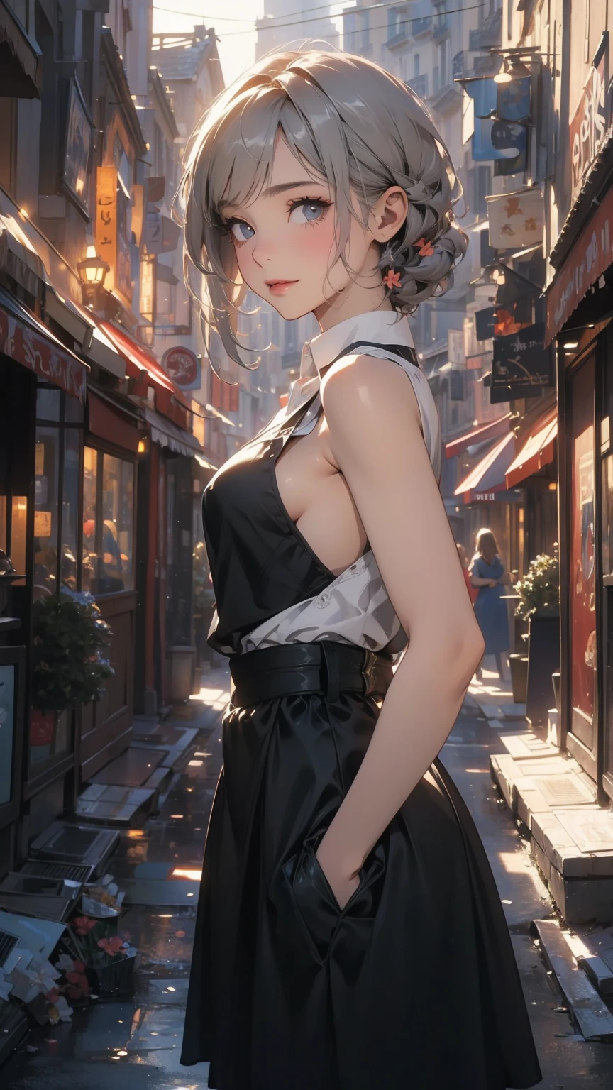 (Highly detailed CG unit 8k wallpaper, masterpiece, High resolution, highest quality, natural skin texture), Composition from head to stomach:1.5, (20 year old woman, Hands in pockets pose:1.3, smile, detailed eyes, gradient eyes), (Stalgic Fashion, detailed costume, sleeveless shirt, low rise, Asymmetrical short hair:1.2, ash gray hair), (Backstreets of Paris:1.3, Colourful flower beds along the road, cinematic lighting), high contrast, hyper realistic, digital painting, concept art,