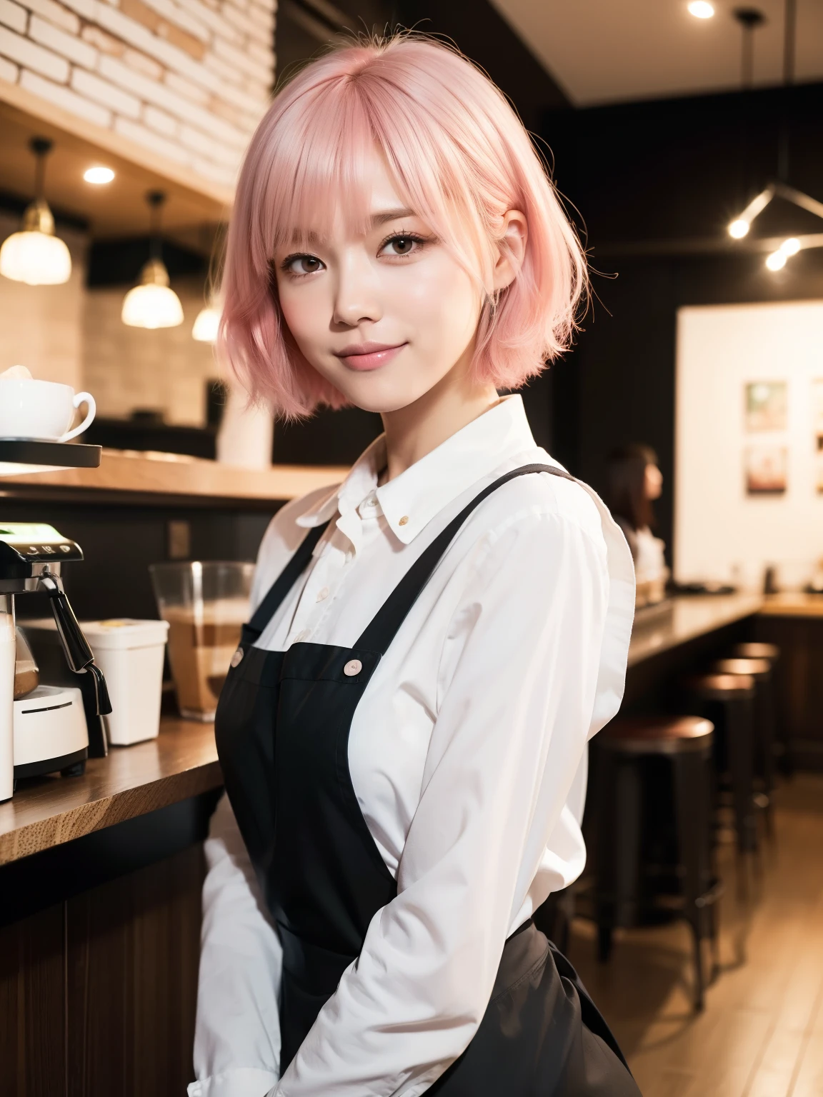 (8k raw photo, best quality), ((muste piece)), ultra high resolution,, film,( 20-year-old, slender face, 1 girl,  eye highlights, light pink hair), natural skin texture, perfectly proportioned face,((white shirt、black apron, stylish cafe、cafe clerk、coffee, date、model pose)),  (Small breasts), permed hair, Fluffy short hair, messy hair,（shy smile、embarrassed look）, close your mouth,  solo, (detailed background),  blurred background, Portrait, Depth of the bounds written