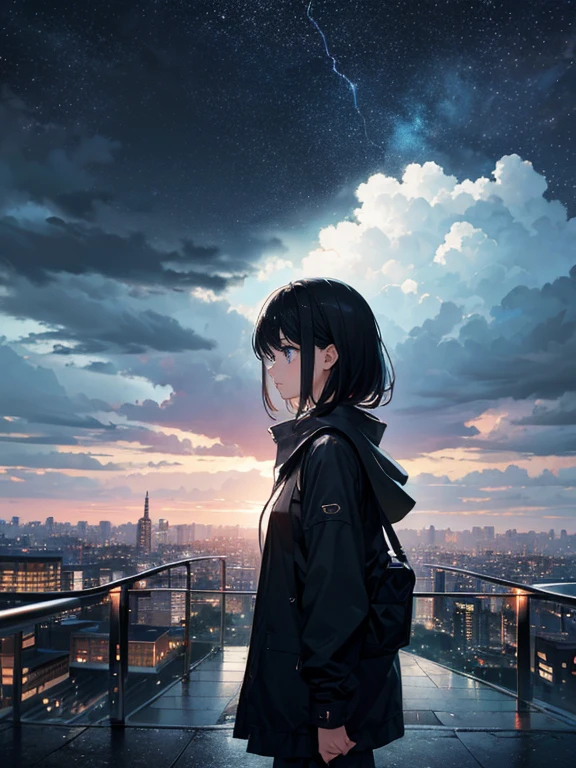 A girl, It's raining, Thunderstorm, Dark realistic Sky