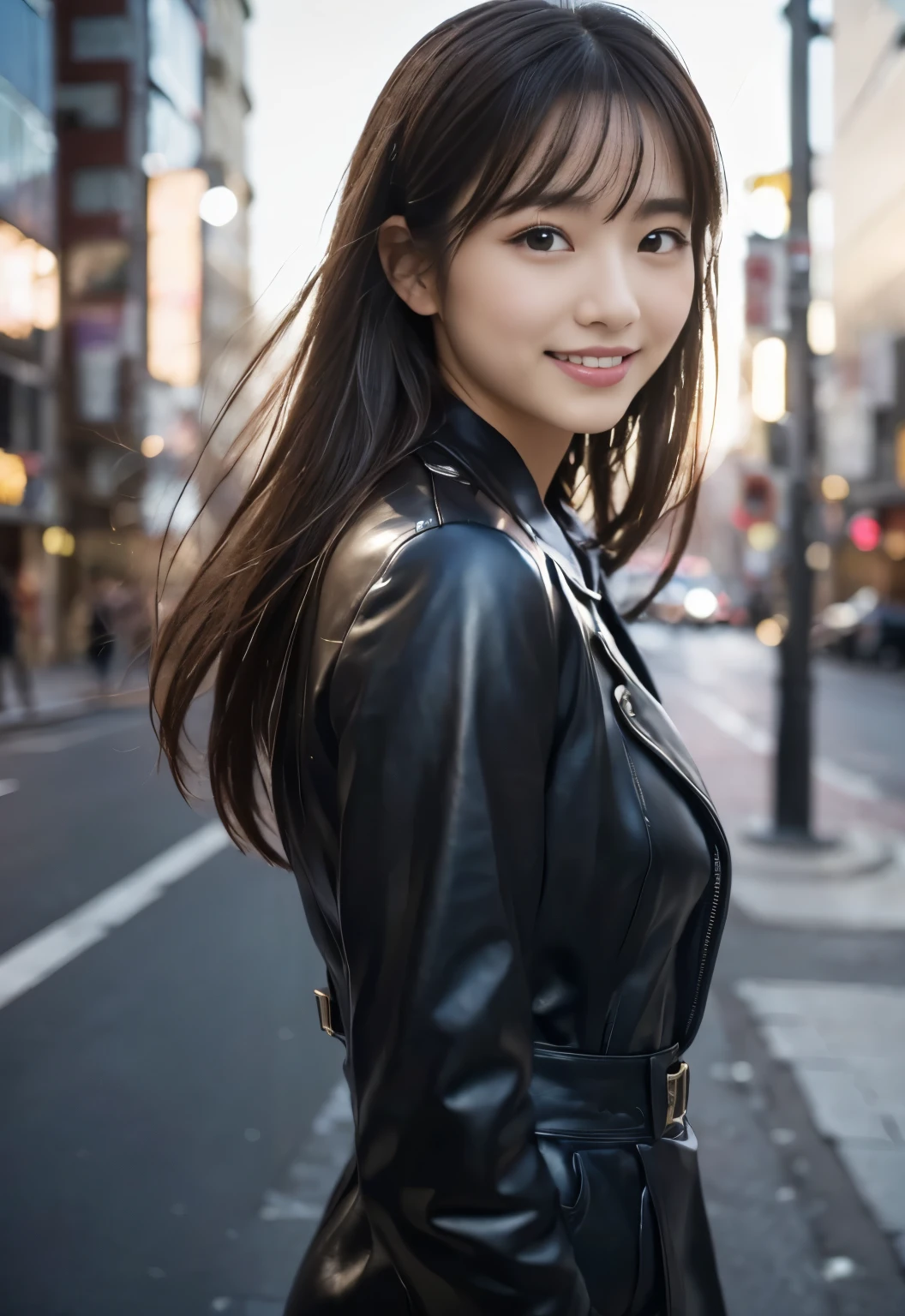 (((City:1.3, outdoor,Photographed from the front))), ((long hair:1.3,leather,japanese woman,Smile,cute)), (clean, natural makeup), (highest quality, masterpiece:1.3, 超High resolution), (Super detailed, caustics), (realistic:1.4, RAW shooting), very detailed, High resolution, 16K resolution