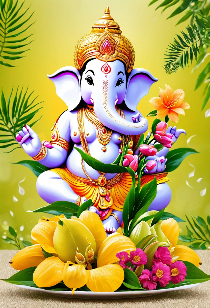 WITHING LORD GANESH HAPPY UGADI SURONDS FRUITS AND FLOWERS 