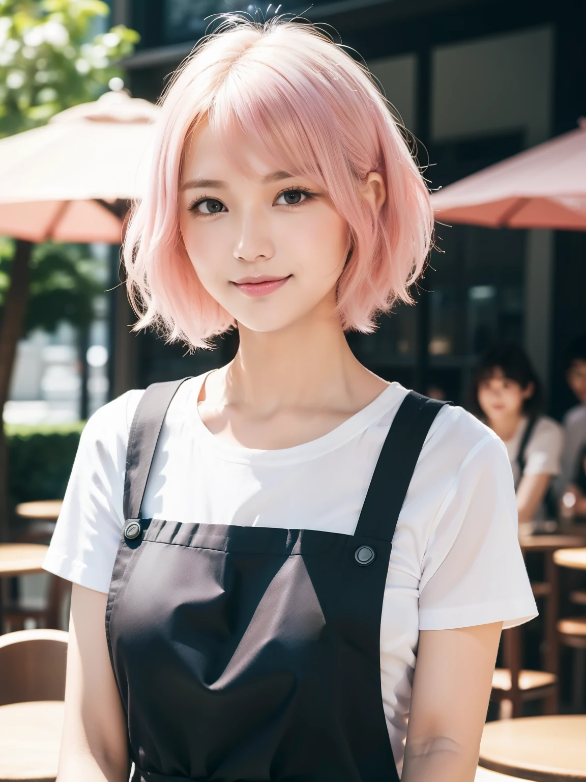 (8k raw photo, best quality), ((muste piece)), ultra high resolution,, film,( 20-year-old, slender face, 1 girl, eye highlights, Light pink inner color hair), natural skin texture, perfectly proportioned face,((white shirt、black apron, stylish cafe、cafe clerk、coffee, date、model pose)), (Small breasts), permed hair, Fluffy short hair, messy hair,(shy smile、embarrassed look), close your mouth, solo, (detailed background), blurred background, Portrait, Depth of the bounds written