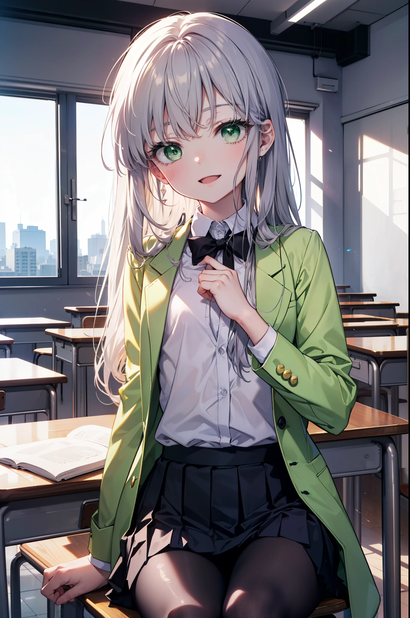 index, index, (green eyes:1.5), silver hair, long hair, (flat chest:1.2),happy smile, smile, open your mouth,White Y-shirt,yellow blazer,black pleated skirt,black pantyhose,brown loafers,sitting cross-legged on a chair,There is a textbook on the desk,daytime,
break looking at viewer, Upper body, whole body,
break indoors, School classroom,
break (masterpiece:1.2), highest quality, High resolution, unity 8k wallpaper, (figure:0.8), (detailed and beautiful eyes:1.6), highly detailed face, perfect lighting, Very detailed CG, (perfect hands, perfect anatomy),