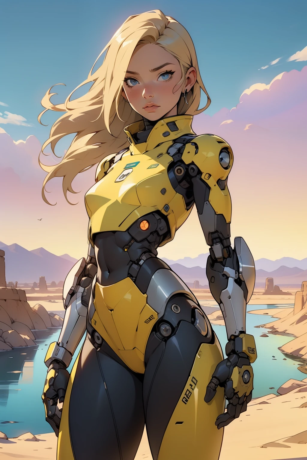 high quality, 4k, masterpiece, beautiful, cyborg girl, cowboy shot, dull eyes, front, looking at viewer, long blonde hair, girl, small breasts, fit thighs, robotic arms, robotic body, cyborg body, yellow uniform, red accent, intricate detail, joint, detailed lines, robotic detail, holding fist up, holding hand up as fist, color robotic parts, robotic parts with color, perfect fingers, on a desert planet, sunny background, colorful desert, a river or a lake in the background