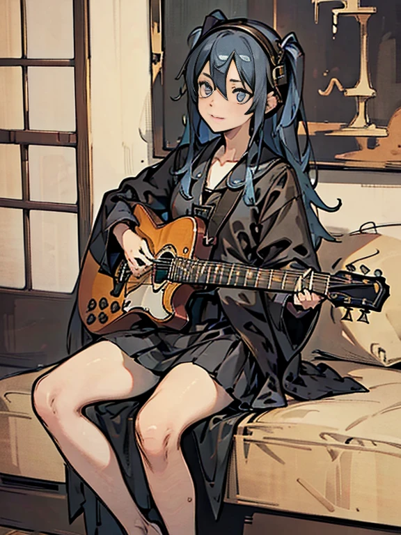 ((masterpiece,highest quality))1 girl, alone, black skirt, blue eyes, electric guitar, guitar, headphones, holding, holding plectrum, musical instrument, long hair, , music, one side up, blue hair, guitarを弾く, pleated skirt, black shirt, Indoors, looking down、looking down、(masterpiece: 1.2, highest quality), (snap shot), flat illustration, creepy appearance, unique atmosphere、coveralls overallysterious girl、full body,

