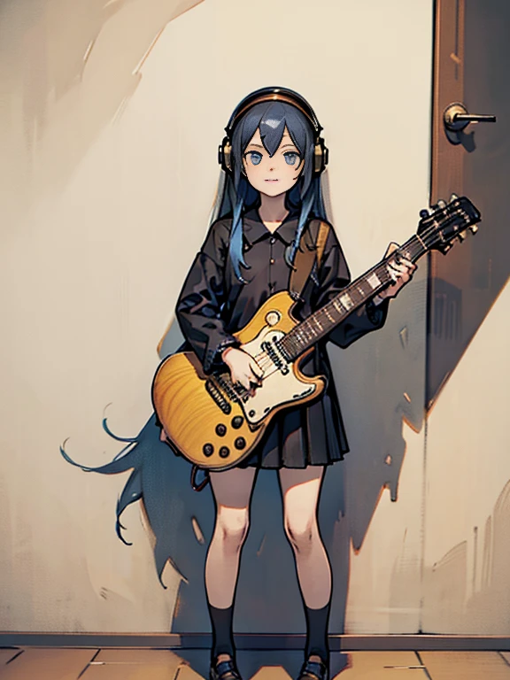 ((masterpiece,highest quality))1 girl, alone, black skirt, blue eyes, electric guitar, guitar, headphones, holding, holding plectrum, musical instrument, long hair, , music, one side up, blue hair, guitarを弾く, pleated skirt, black shirt, Indoors, looking down、looking down、(masterpiece: 1.2, highest quality), (snap shot), flat illustration, creepy appearance, unique atmosphere、coveralls overallysterious girl、full body,

