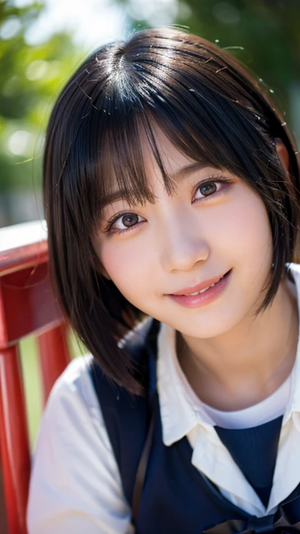 (highest quality,masterpiece:1.3,ultra high resolution),(Super detailed,caustics,8K),(realistic:1.4,RAW shooting),1 girl,18-year-old,cute,Japanese,black short bob,(school uniform),(look at me with a smile),morning,blue sky,sun,Natural light,school playground,(front shot),face focus,close up face,bust up shot,low position,Low - Angle