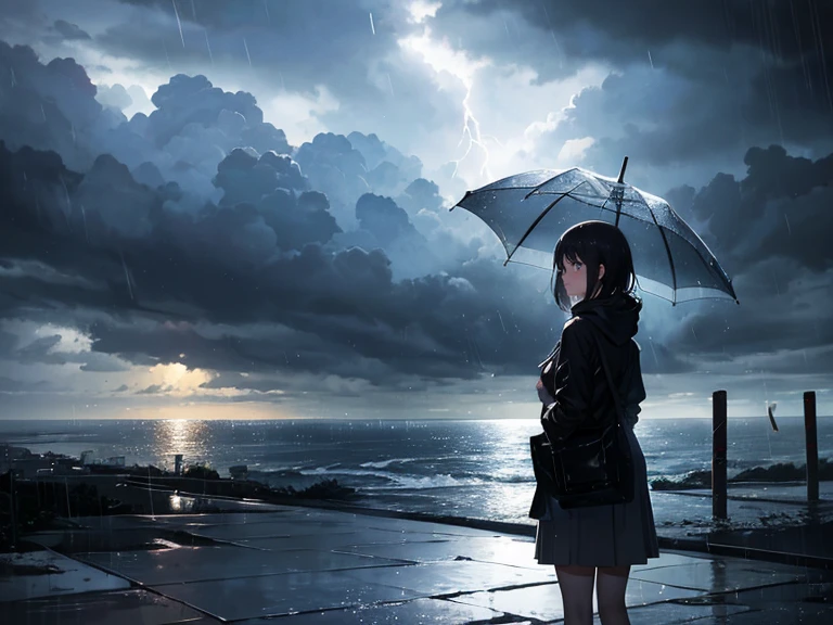 A girl, It's raining, Thunderstorm, Dark realistic Sky