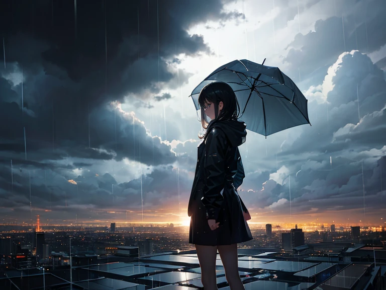 A girl, It's raining, Thunderstorm, Dark realistic Sky