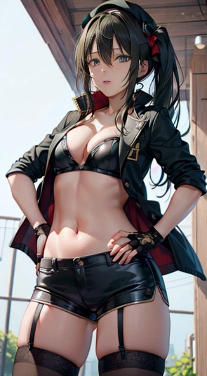 ubel,dark green hair,long hair,side ponytail,hair between eyes,bangs, BREAK (beret, black jacket, open clothes, cleavage, midriff, black shorts, black thighhighs, thigh strap, fingerless gloves, single glove:1.2) BREAK blurry background, BREAK pose, hand on hip, BREAK (masterpiece:1.2), best quality, high resolution, unity 8k wallpaper, (illustration:0.8), (beautiful detailed eyes:1.6), extremely detailed face, perfect lighting, extremely detailed CG, (perfect hands, perfect anatomy),